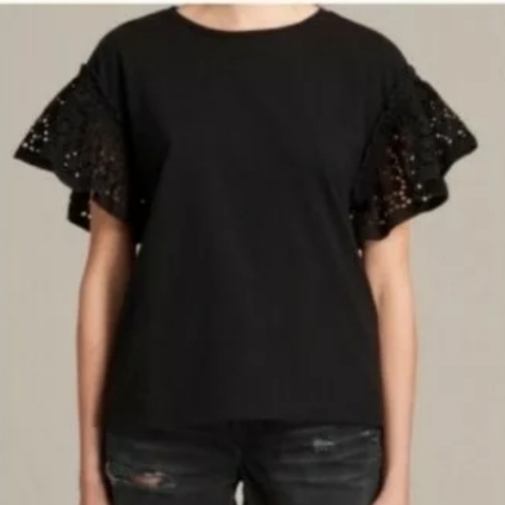 $120 Trixi All Saints Women's Black Ruffle Eyelet Sleeve T-Shirt Size XS Top